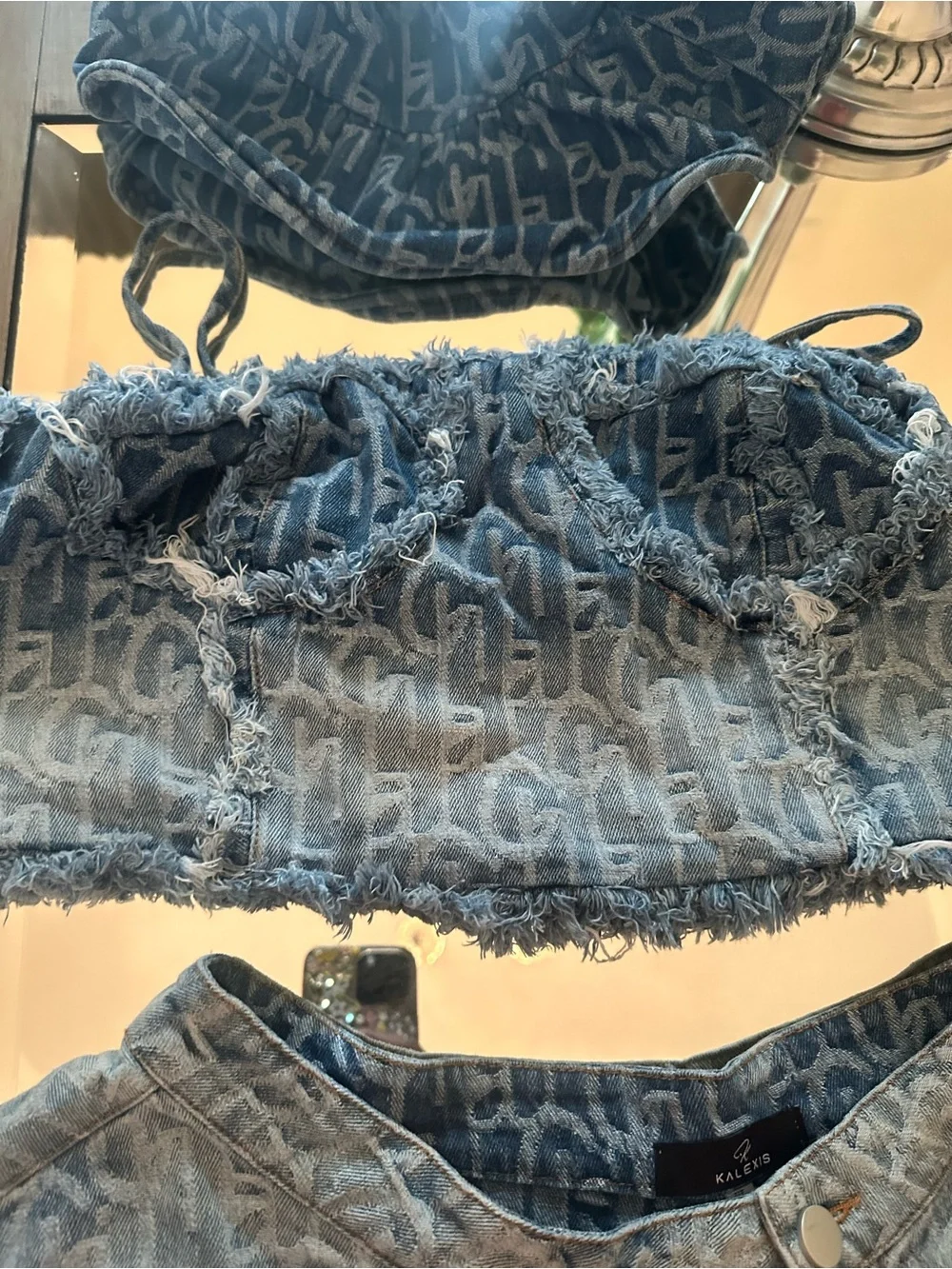 3 piece Denim Monogram Fringe Shorts and Tube Top Set with matching hat- Blue